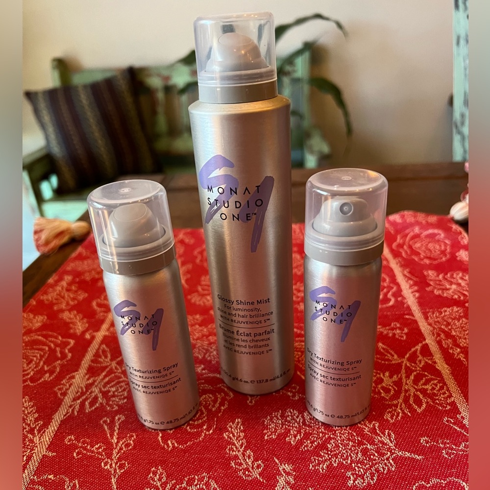 2 bottles dry texturizing spray 1 bottle glossy shine mist by monat all new
